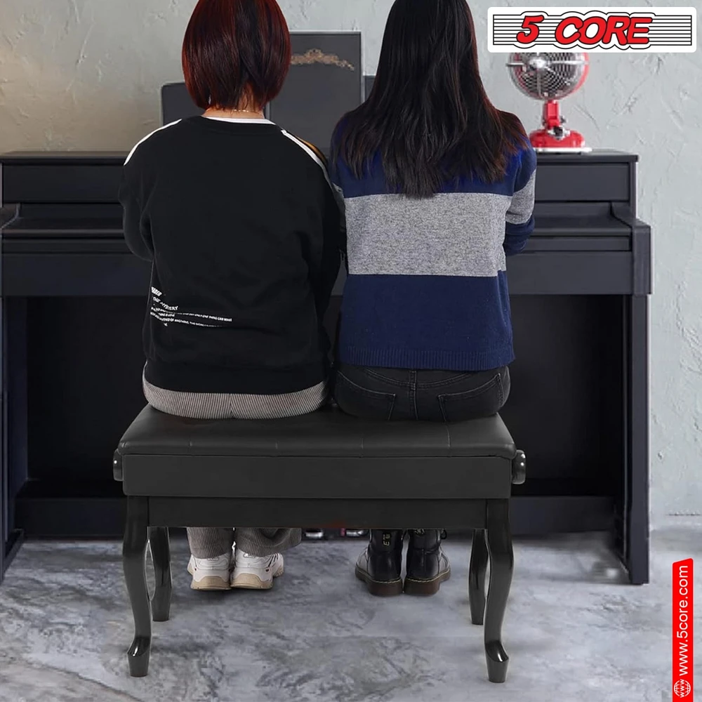 5 Core Piano Bench Wooden Height Adjustable Keyboard Stool Heavy Duty Padded Cushioned Seat, Solid Sturdy Wooden Legs + Storage - Pnb Wd Hd Blk