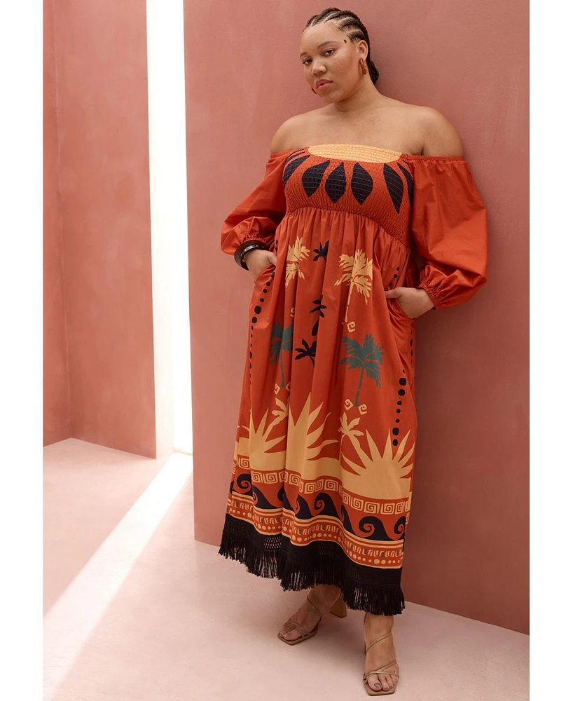 Eloquii Plus Printed Puff Sleeve Fringe Maxi