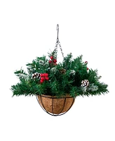 Nearly Natural 16in. Pre-Lit Artificial Pine and Berry Hanging Basket with White Led Lights