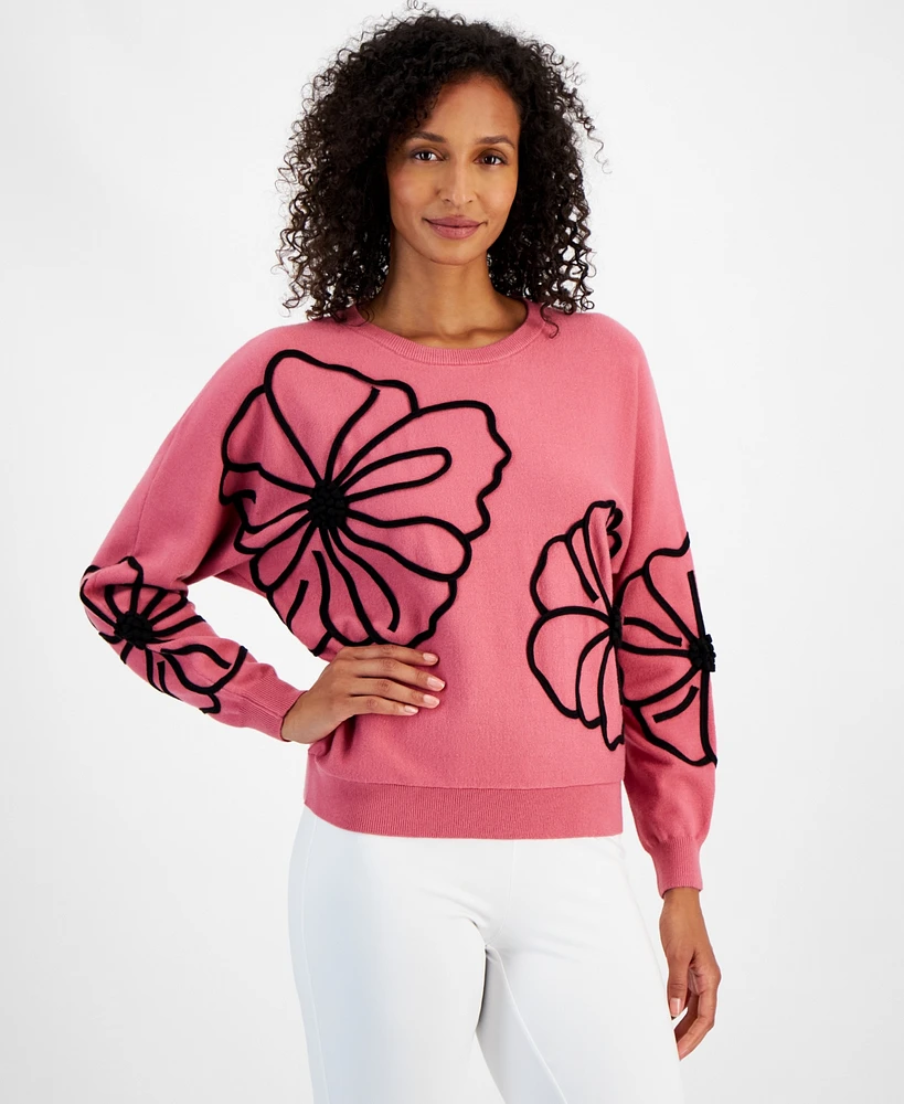 T Tahari Women's 3D Floral-Trim Dolman-Sleeve Sweater