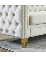 Streamdale Furniture Beige Velvet Sofa with Tufted Arms and Metal Legs