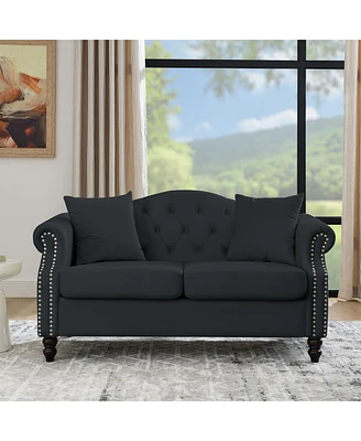 Simplie Fun 57" Black Velvet Chesterfield Sofa with Rolled Arms & Nailhead, 2 Seater