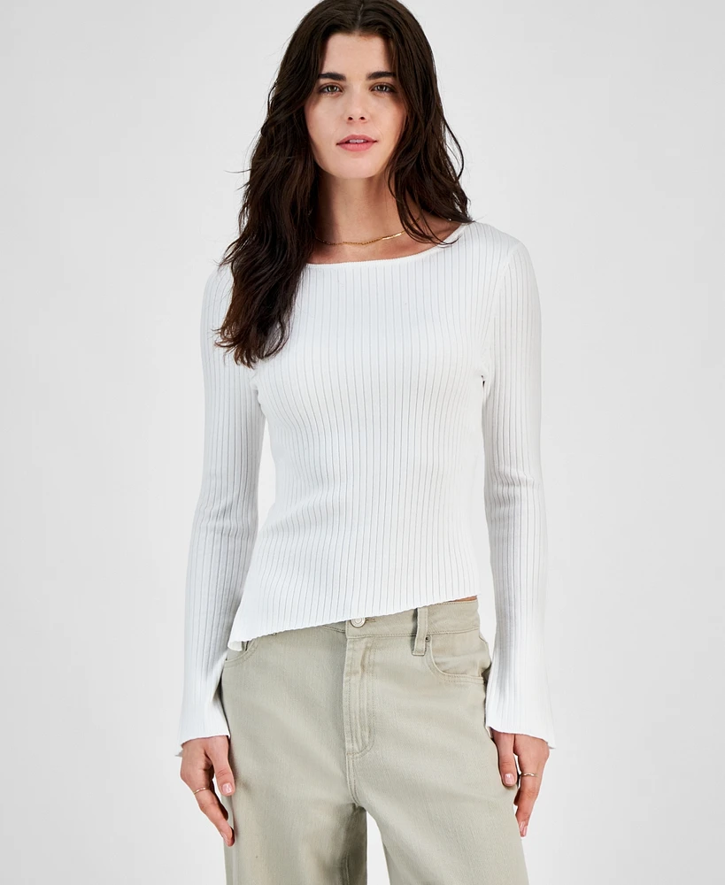 Hooked Up by Iot Juniors' Asymmetrical Hem Ribbed Long-Sleeve Top