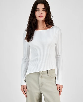 Hooked Up by Iot Juniors' Asymmetrical Hem Ribbed Long-Sleeve Top