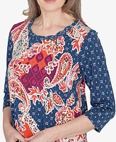 Alfred Dunner Classic Paisley Patchwork Knotted Crew Neck Top