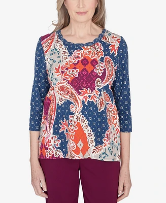 Alfred Dunner Classic Paisley Patchwork Knotted Crew Neck Top