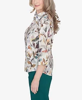 Alfred Dunner Classic Water Colored Leaf Filled Button Down Top