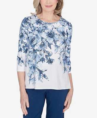 Alfred Dunner Classic Floral Shimmer Three Quarter Sleeve Top