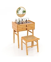 Sugift Bamboo Makeup Vanity Table with Mirror with 2 Storage Drawers