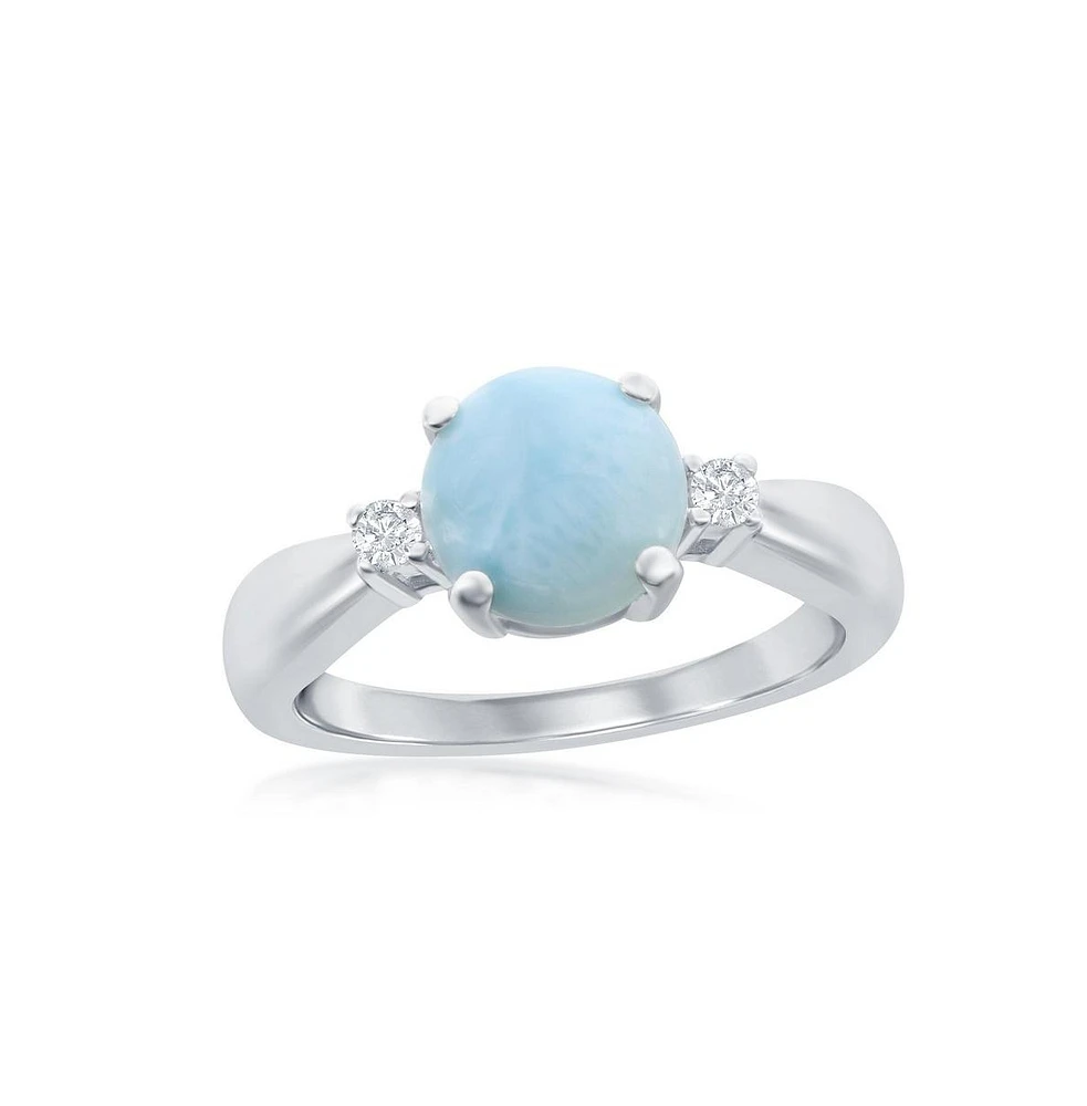 Caribbean Treasures Sterling Silver Four-Prong Round Larimar with White Cz Side Stones Ring