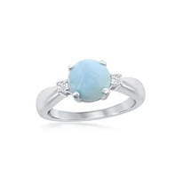 Caribbean Treasures Sterling Silver Four-Prong Round Larimar with White Cz Side Stones Ring