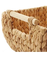 Casafield (Set of 2) Water Hyacinth Oval Storage Baskets with Wooden Handles - Small Woven Bin Organizers Natural