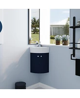 Corner Bathroom Vanity Sink Combo For Small Space Wall Mounted Cabinet Set, Ceramic Sink