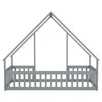 Twin Wood House-Shaped Floor Bed with Fence, Guardrails, Grey