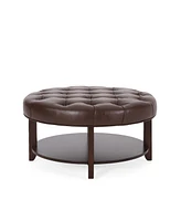 Versatile Button Tufted Faux Leather Ottoman with Open Shelf