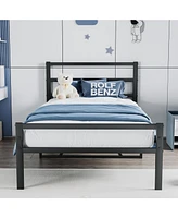 Simplie Fun Metal Platform Bed frame with Headboard, Sturdy Metal Frame, No Box Spring Needed(Twin)