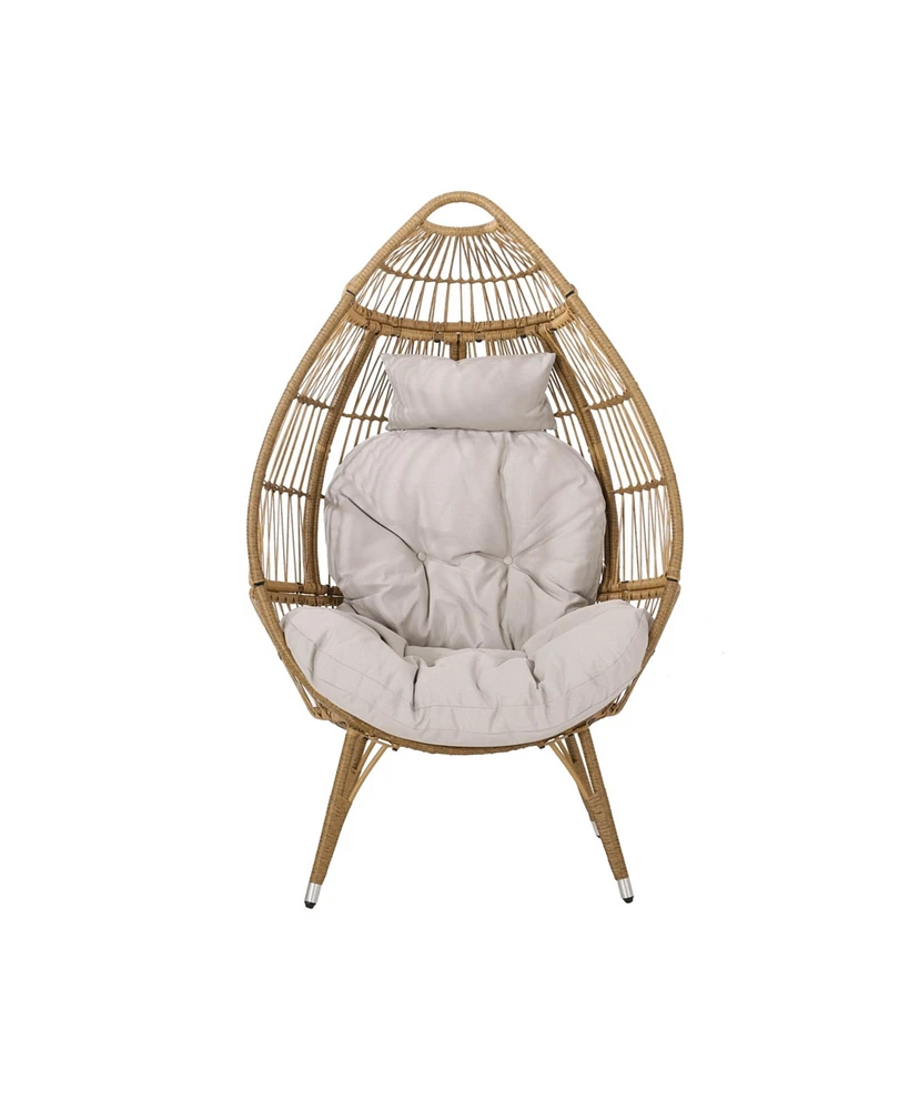 Simplie Fun Lachlan Outdoor Wicker Teardrop Chair with Plush Cushion, Light Brown and Beige