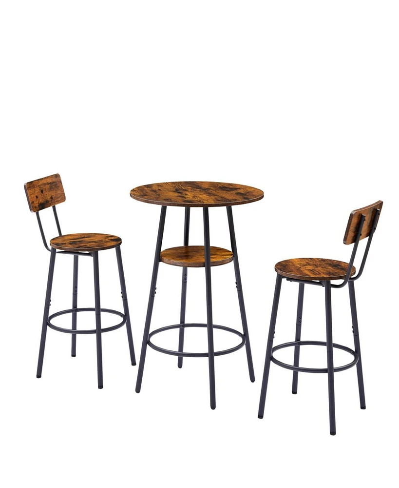 Simplie Fun Round Barstool Set With Shelves, Stool With Backrest Rustic Brown, 23.6" Dia X 35.4"