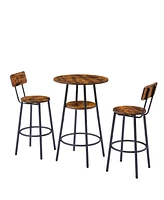 Simplie Fun Round Barstool Set With Shelves, Stool With Backrest Rustic Brown, 23.6" Dia X 35.4"