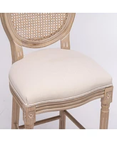 French Country Wooden Bar Stools Rattan Back With Upholstered Seating, Beige And Natural, Set Of 2