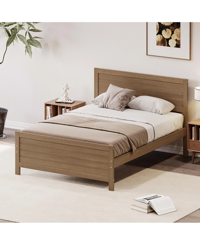 Simplie Fun Wood Platform Bed Frame with Headboard, Mattress Foundation with Wood Slat Support, No Box Spring Needed, Full Size, Walnut