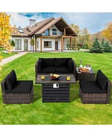 Costway 6PCS Patio Rattan Furniture Set 42'' Fire Pit Table Cover Sofa Cushion