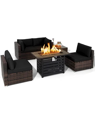 Costway 6PCS Patio Rattan Furniture Set 42'' Fire Pit Table Cover Sofa Cushion