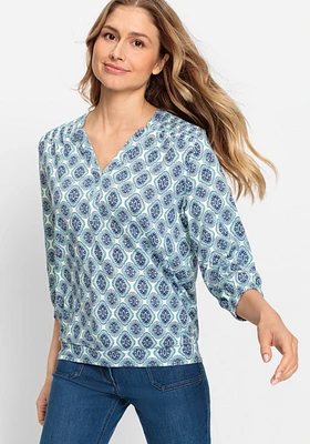 Olsen Women's Cotton Blend 3/4 Sleeve Ornamental Print Tunic T-Shirt