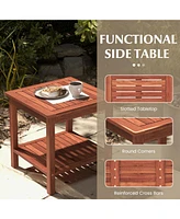 Slickblue Double-Tier Acacia Wood Patio Side Table with Slatted Tabletop and Shelf