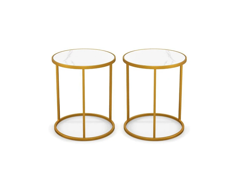 Slickblue 16 Inch Marble Top Round Side Table with Golden Metal Frame for Living Room Bedroom-Set of 2