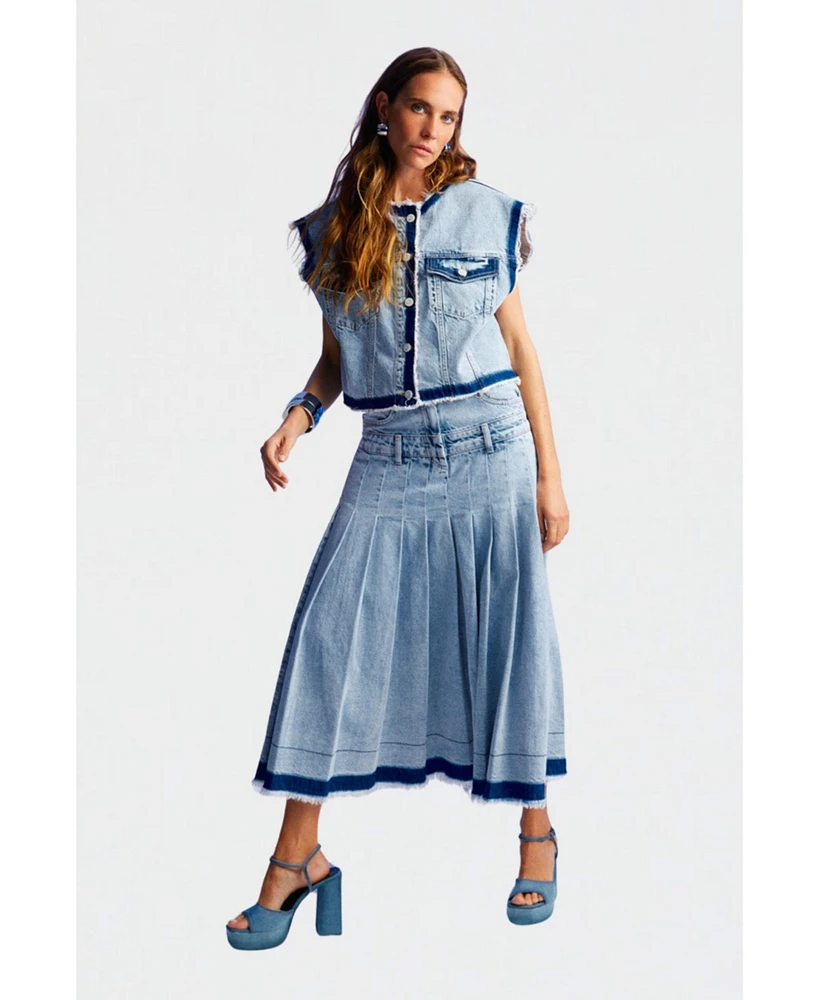 Nocturne Women's Pleated Long Denim Skirt