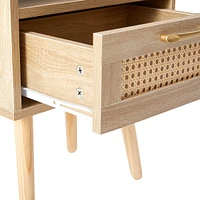 Rattan End Table With Power Outlet & Usb Ports, Modern Nightstand With Drawer And Solid Wood
