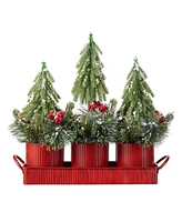 Glitzhome 21 L Christmas Metal Potted Triple Trees Centerpiece or Table Tree