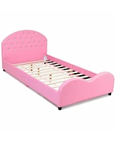 Slickblue Twin Size Upholstered Platform Toddler Bed with Wood Slat Support