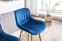 Set Of 2 Bar Stools, With Steel Frame Footrest Velvet Fabric Golden Leg Simple Bar Stool, Blue