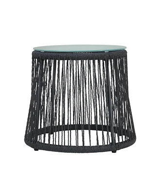 Simplie Fun Boho-Chic Glass-Top End Table with Woven Rope Texture