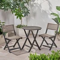 Stylish Acacia Bistro Set: Woven Wicker, Durable Wood, Foldable, Ready-to-Enjoy