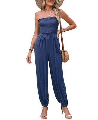 Cupshe Women's Blue Smocked Bodice Tube Top Tapered Leg Jumpsuit