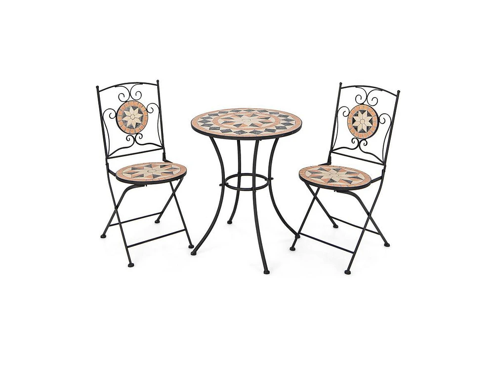 Slickblue 3 Pieces Patio Bistro Set with 1 Round Mosaic Table and 2 Folding Chairs