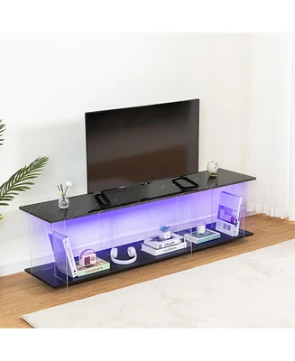 Simplie Fun Modern Marble-Textured Tv Cabinet with Acrylic Accent and Ample Storage