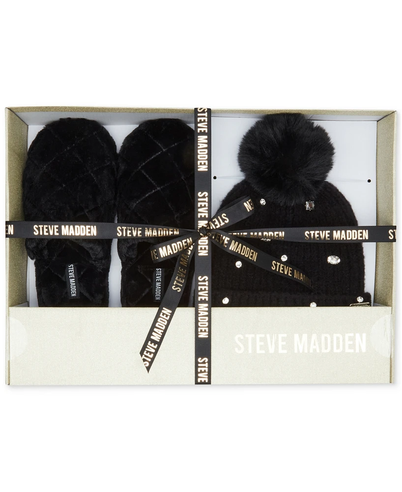 Steve Madden Women's 2-Pc. Embellished Beanie & Faux-Fur Slippers Boxed Gift Set