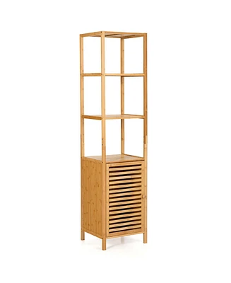 Slickblue 4 Tiers Slim Wicker Floor Storage Cabinet with Shutter Door and Anti-Toppling Device-Natural