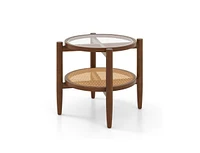 Slickblue Rattan Round Side End Table with Tempered Glass Tabletop