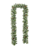 Glitzhome 9ft Pre Lit Frosted Greenery Pinecones Christmas Garland, with 50 C3 Clear Light Emitting Diode Lights and Timer, Three Function