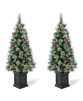 Glitzhome Set of 2 4ft Pre Lit Pine Artificial Christmas Porch Tree with 80 Warm White Lights, Pinecones and Red Berries