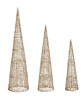 Glitzhome Set of 3 Lighted Christmas Plastic Champagne Gold Cone Tree with 65 Warm White Light Emitting Diode Lights