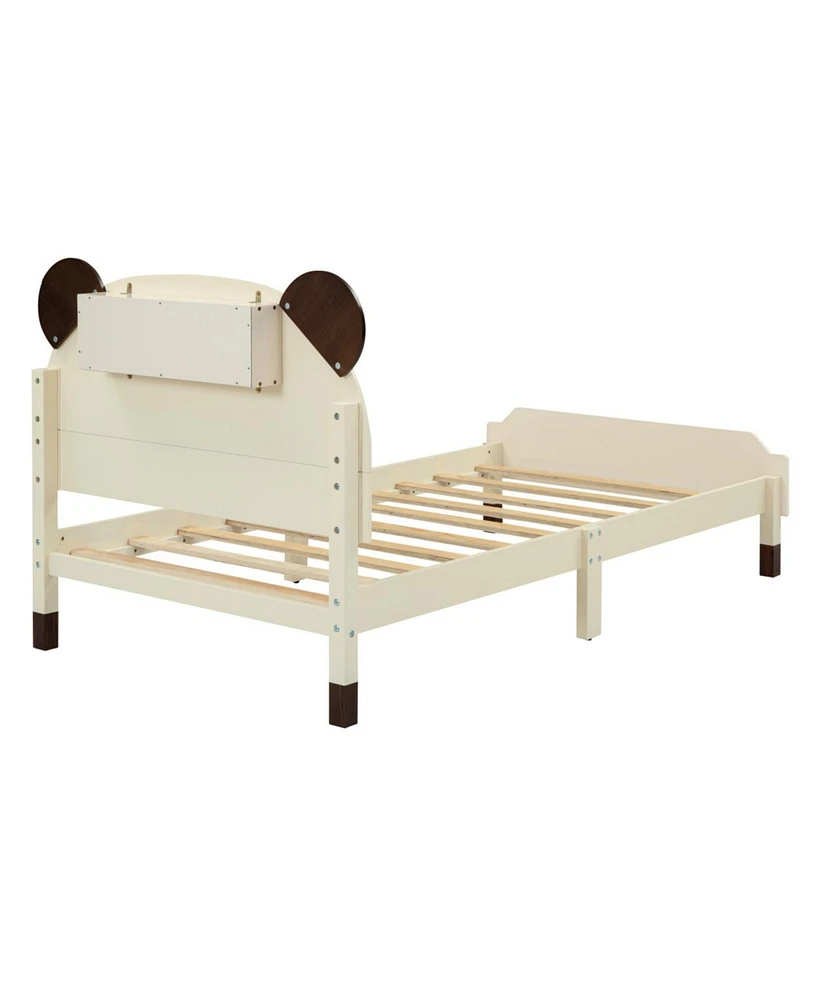 Simplie Fun Twin Size Wood Platform Bed With Bear-Shaped Headboard, Bed With Motion Activated Night Lights