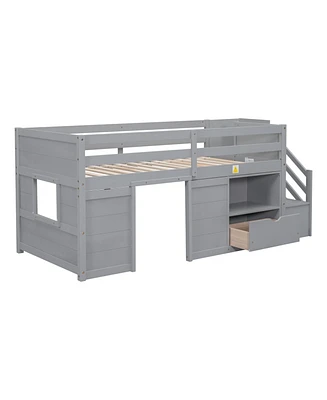 Simplie Fun Twin Bed, Solid Wood Twin Size Low Loft Bed With Stair, Drawer, And Shelf Of Grey Color