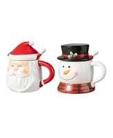 Glitzhome Set of 2 Christmas Ceramic Santa Snowman Mug with Lid and Spoon