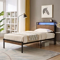 Streamdale Furniture Metal Platform Bed with Wooden Headboard, Led Lights, Usb Liner, Easy Assemble